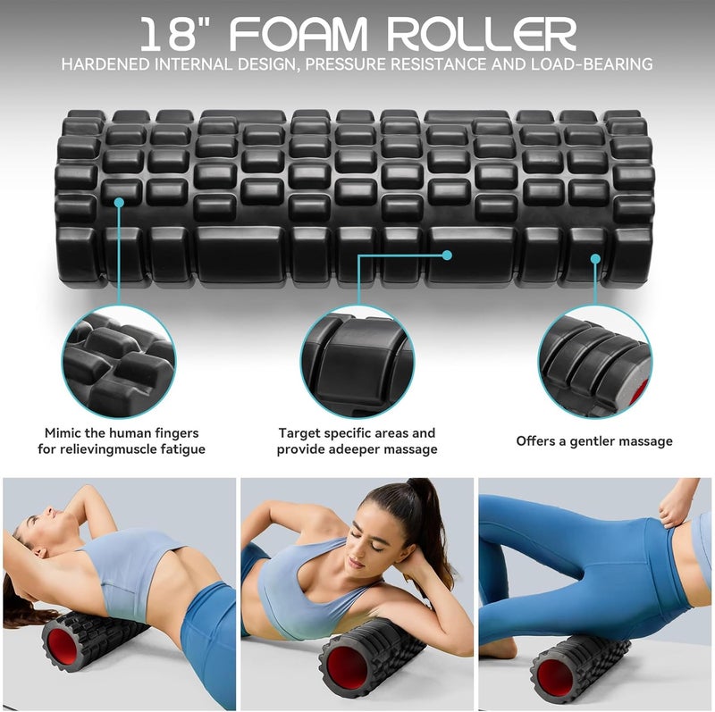 Krightlink 5-in-1 Foam Roller Set, Massage Roller Stick, Massage Ball, Resistance Band for Deep Muscle Massage, Trigger Point Release, Pilates, Yoga (Black-18(5 in 1)) - Image 2